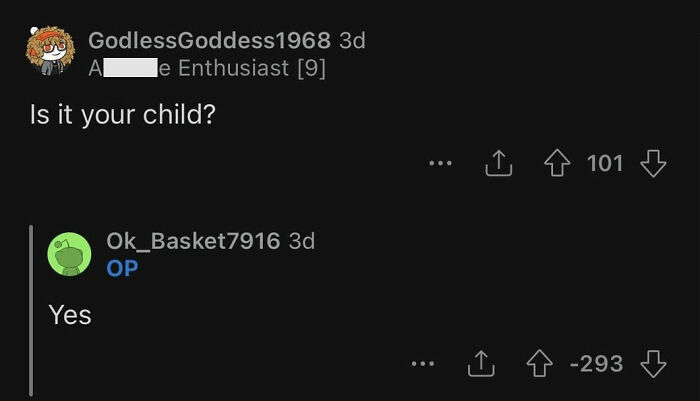 Comment thread showing a user asking if the child is his and the original poster confirming he is the father. - 13