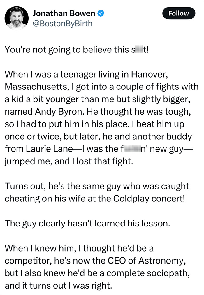 Screenshot of a tweet sharing a violent school story about a sociopath CEO involved in a cheating Coldplay concert scandal.
