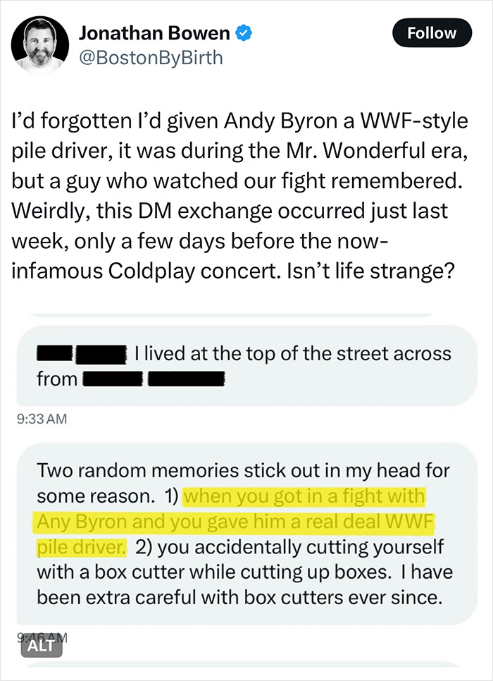 Twitter thread discussing a violent school fight and referencing the Coldplay concert cheating scandal and sociopath CEO.