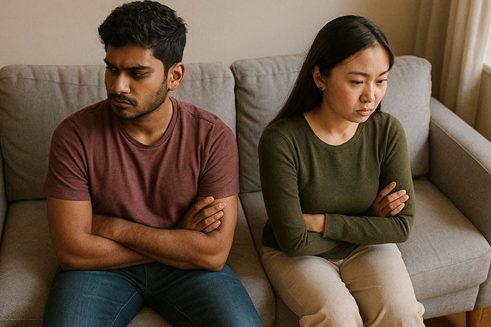 Man and woman sitting apart on couch with arms crossed, showing tension and relationship conflict in a home setting.
