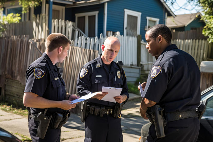 Three police officers in uniform discussing documents on a residential patio, focused and serious in daylight.