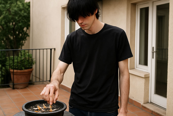 Young man on patio wearing black shirt, interacting with cigarette butts in an ashtray, with a slightly eerie atmosphere.