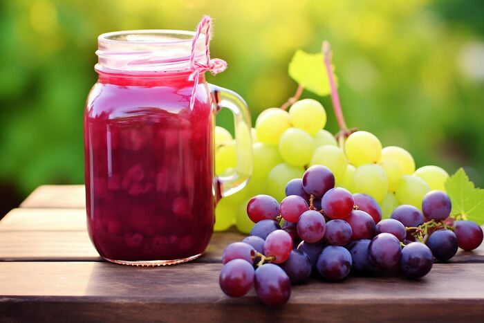 Glass jar filled with grape juice alongside fresh red and green grapes on a wooden surface in natural light. - 6