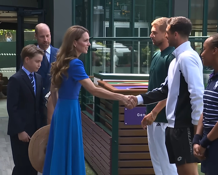 Matthew McConaughey hailed as gentleman shaking hands with British royalty at Wimbledon final in formal outdoor setting.