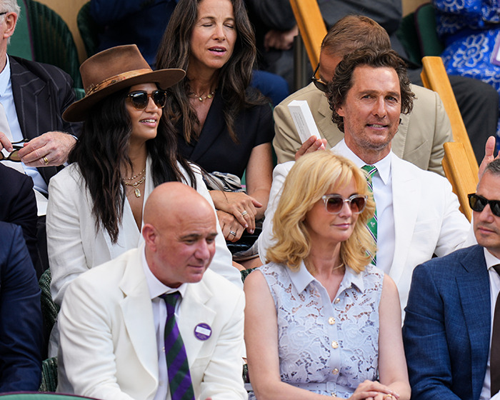Matthew McConaughey attending Wimbledon final, recognized as a gentleman for his respectful gesture toward British royalty.