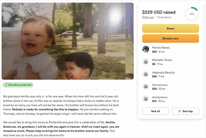 Two young children outdoors smiling, fundraising page showing donations for baby who passed away after being left in car. Two young children outdoors smiling, fundraising page showing donations for baby who passed away after being left in car.