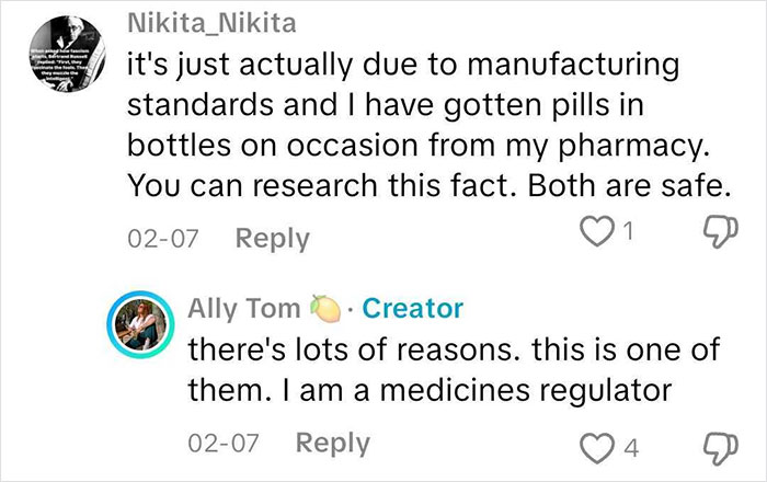Comments discussing differences in European pharmacies and the use of pill bottles compared to the U.S. Comments discussing differences in European pharmacies and the use of pill bottles compared to the U.S.