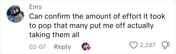 Comment by user Ems discussing the effort to pop many items, engaging viewers on European pharmacies container differences. Comment by user Ems discussing the effort to pop many items, engaging viewers on European pharmacies container differences.