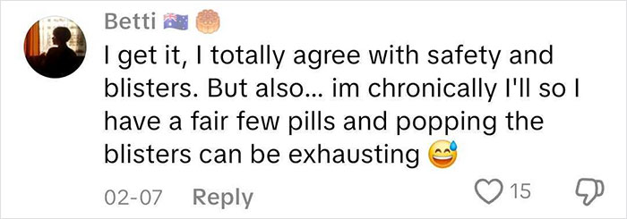 Comment from Betti discussing challenges with blister packs for pills, highlighting European pharmacies’ packaging differences. Comment from Betti discussing challenges with blister packs for pills, highlighting European pharmacies’ packaging differences.