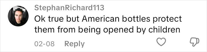 Comment discussing American bottles protecting medicines from being opened by children, related to European pharmacies. Comment discussing American bottles protecting medicines from being opened by children, related to European pharmacies.