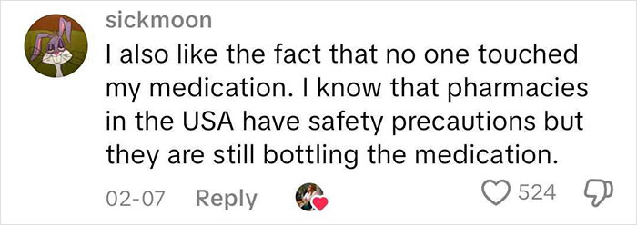 Comment discussing how USA pharmacies use bottles for medication despite safety precautions, unlike European pharmacies. Comment discussing how USA pharmacies use bottles for medication despite safety precautions, unlike European pharmacies.