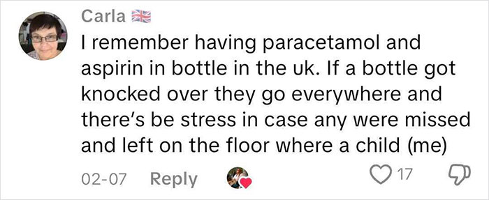 Screenshot of a comment discussing how European pharmacies don’t use medication bottles like in the U.S. Screenshot of a comment discussing how European pharmacies don’t use medication bottles like in the U.S.