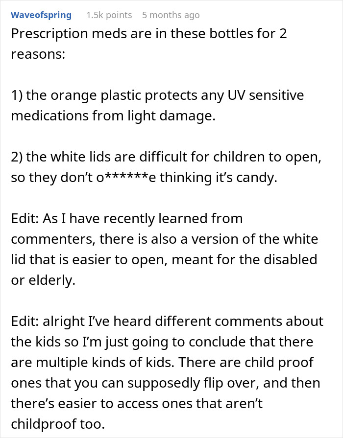 Text post explaining why prescription meds use orange bottles and child-resistant white lids, related to European pharmacies. Text post explaining why prescription meds use orange bottles and child-resistant white lids, related to European pharmacies.