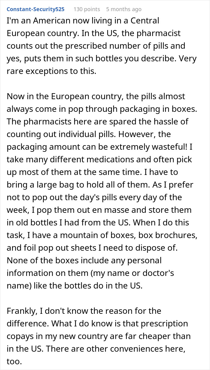 Text discussion about European pharmacies using pop-through packaging instead of bottles commonly used in the U.S. Text discussion about European pharmacies using pop-through packaging instead of bottles commonly used in the U.S.