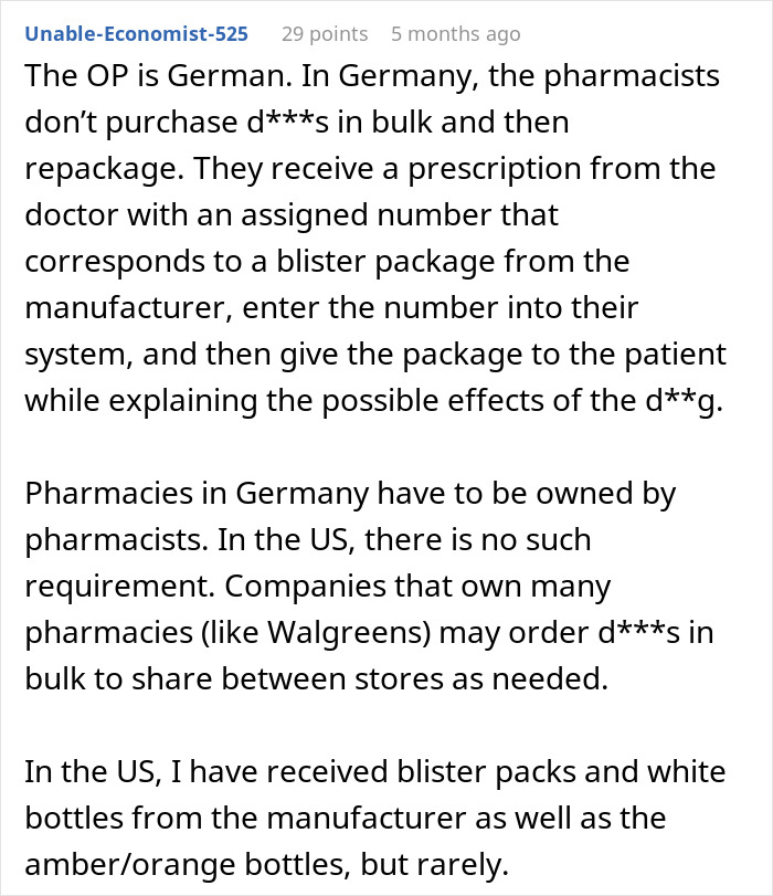 Screenshot of a forum comment explaining how European pharmacies don’t use bottles like in the U.S. for dispensing medication. Screenshot of a forum comment explaining how European pharmacies don’t use bottles like in the U.S. for dispensing medication.