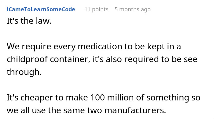 Text conversation explaining U.S. pharmacy laws requiring childproof, see-through medication containers from large manufacturers. Text conversation explaining U.S. pharmacy laws requiring childproof, see-through medication containers from large manufacturers.