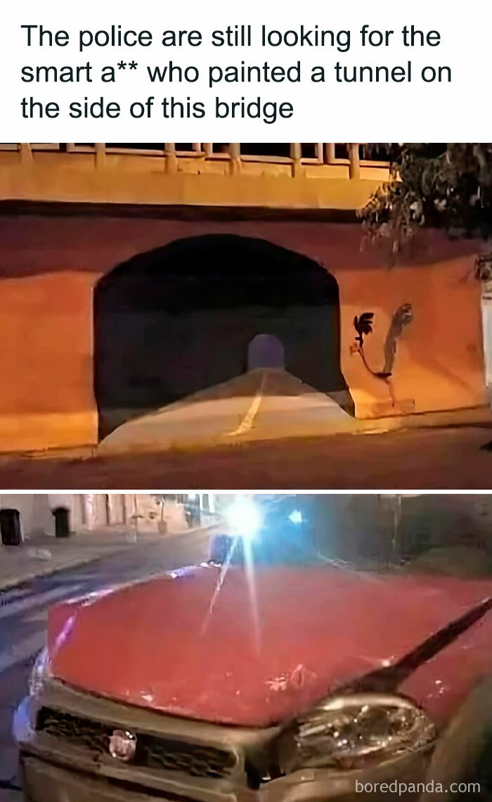 Meme showing a painted tunnel on a bridge and a damaged car, part of random and chaotic funny memes collection.