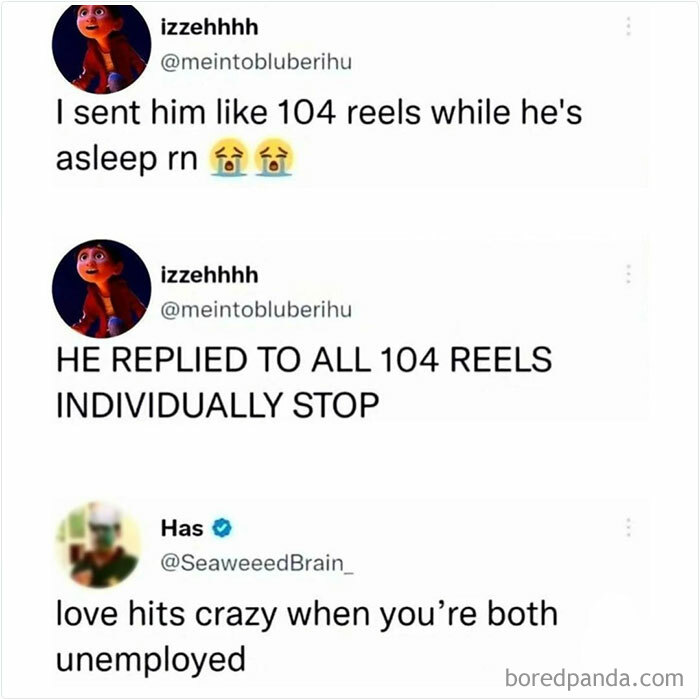 Screenshot of chaotic memes showing a user sending 104 reels and another replying to each in a funny, random conversation.