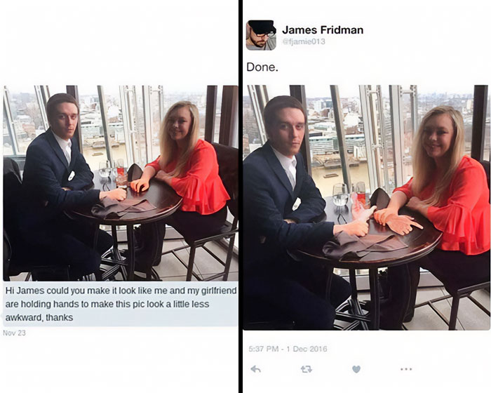 Couple sitting at a table with chaotic meme edit showing them fake holding hands in a humorous scene.