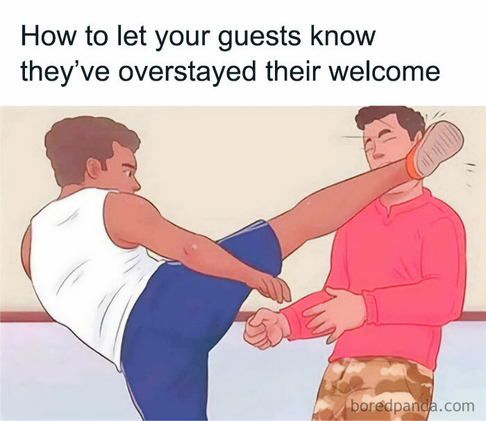 Two men in a humorous scene illustrating random and chaotic memes with one kicking the other to show they've overstayed.