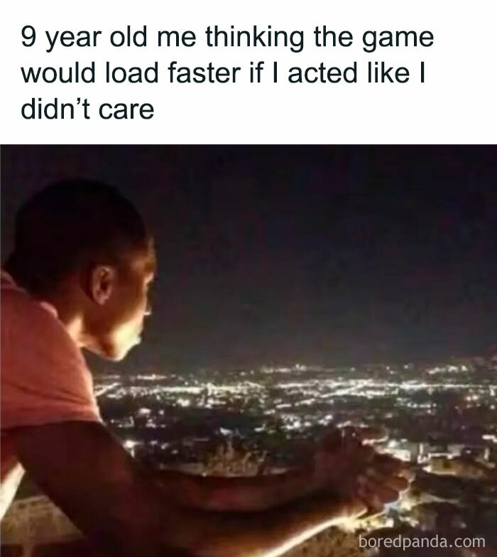 Child reflecting at night over a cityscape, captured in a random and chaotic meme that is unexpectedly funny.