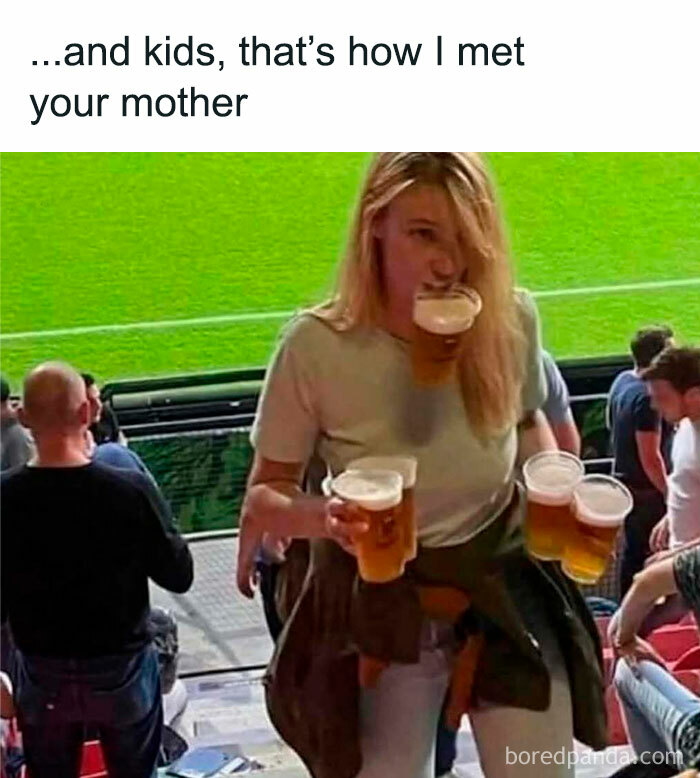 Woman at a sports stadium holding multiple beers chaotic and random meme capturing a funny and unexpected moment.
