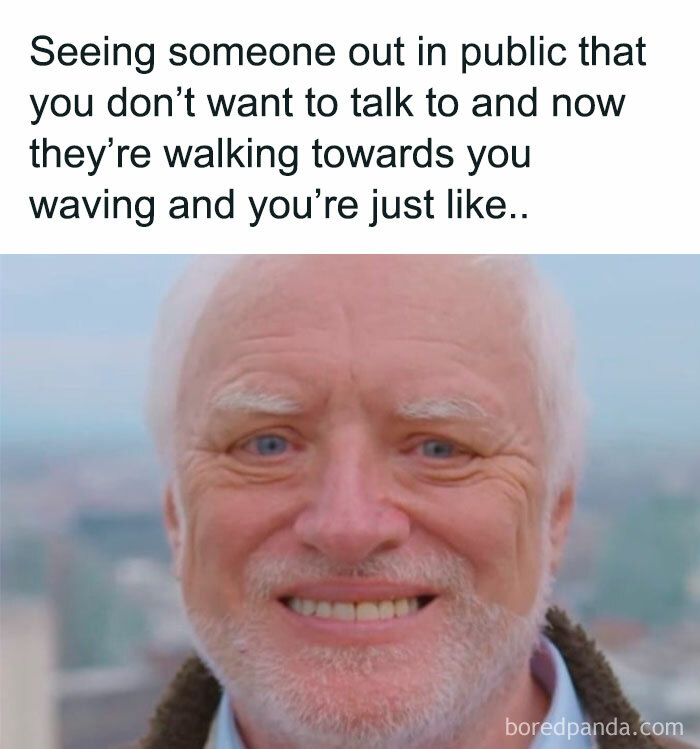 Man with forced smile expressing awkwardness in a chaotic meme about social interactions and random funny moments.