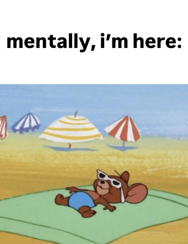 Cartoon mouse relaxing on beach towel wearing sunglasses and swim trunks in funny summer memes about enjoying outside.