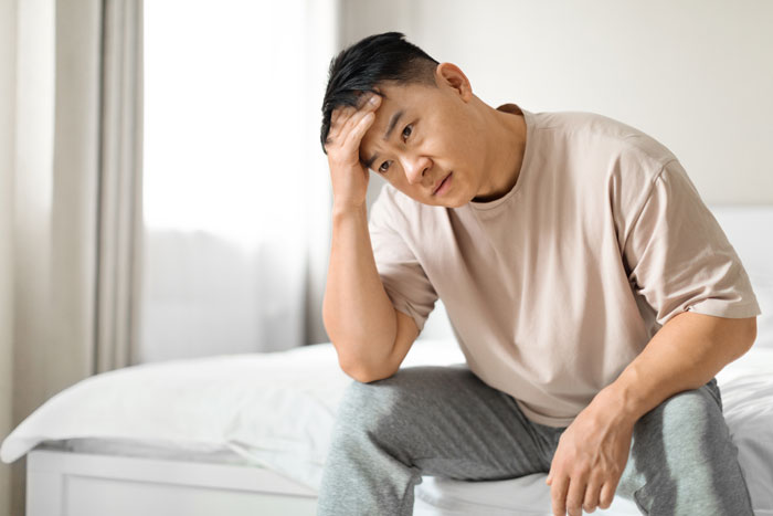 Worried man sitting on bed holding head, representing traditional parents badgering DIL over unborn grandchild's gender. - 8