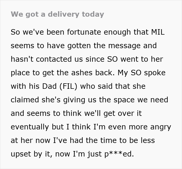 Entitled grandma causes family drama after stealing grandson&rsquo;s ashes, claiming it&rsquo;s no big deal in a tense situation.