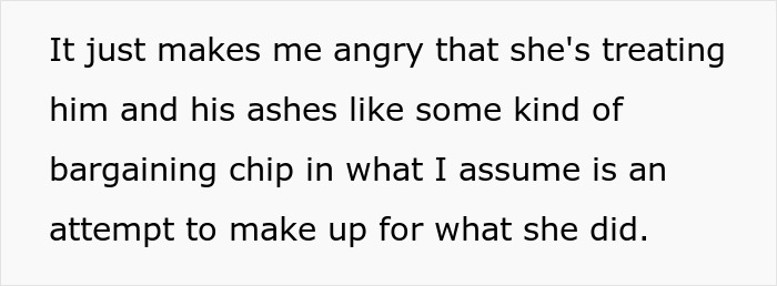Text on screen expressing anger over an entitled grandma treating grandson&rsquo;s ashes like a bargaining chip.