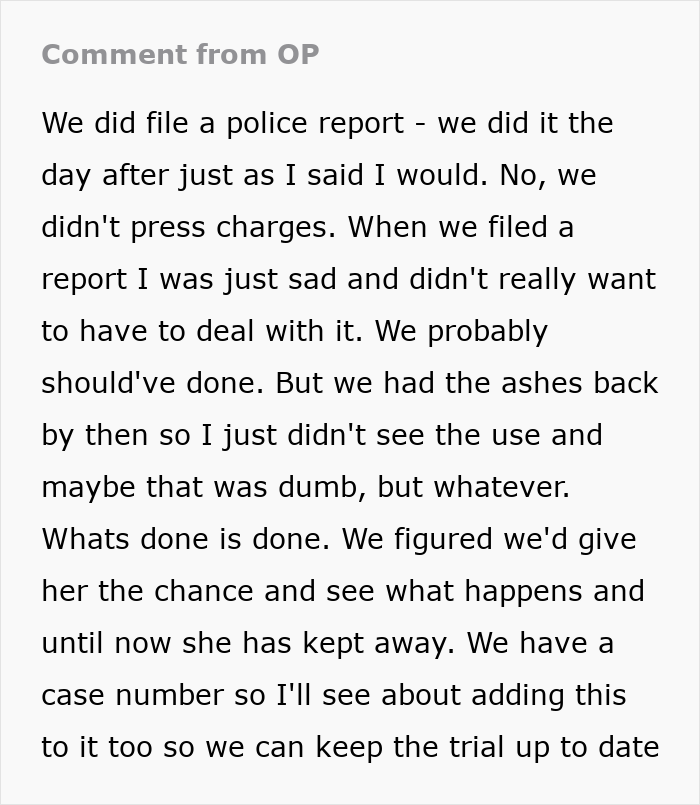 Comment from original poster explaining the family drama after grandma stole grandson&rsquo;s ashes and the legal actions taken.