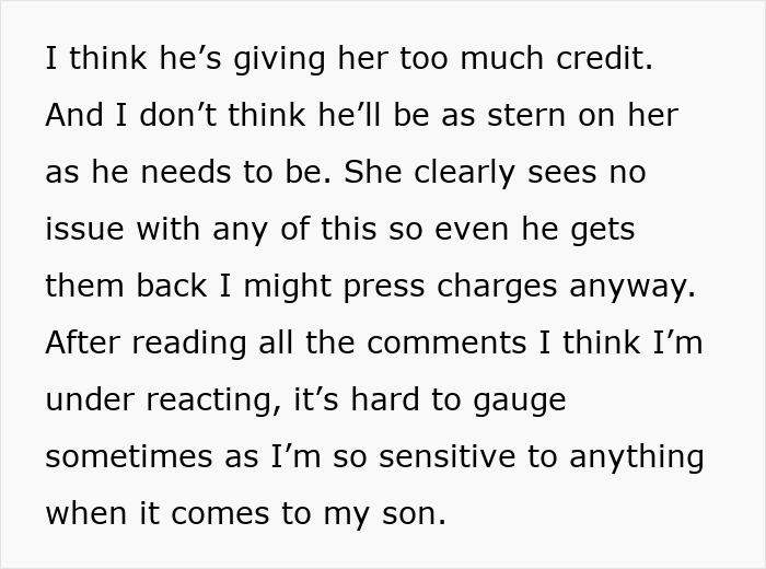 Alt text: Text discussing family drama and sensitivity related to an entitled grandma stealing grandson&rsquo;s ashes and potential charges.