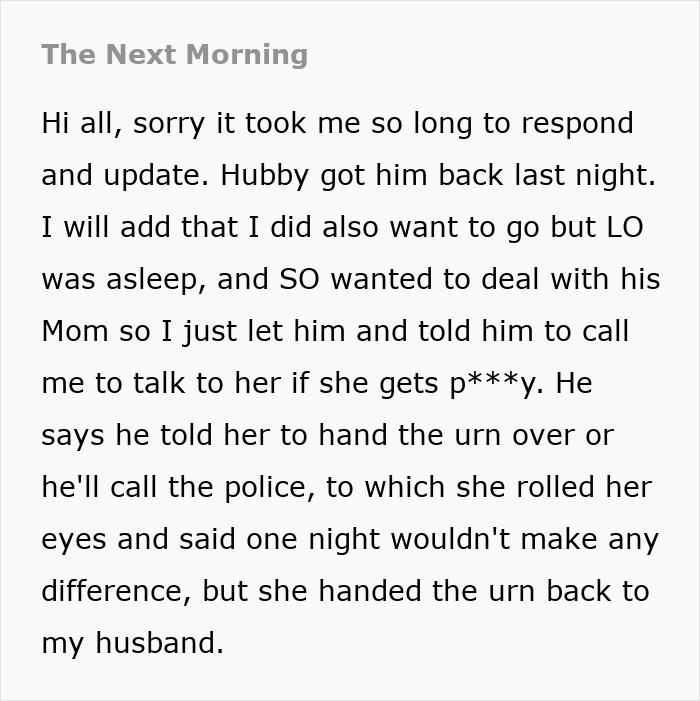 Text message discussing a family drama involving an entitled grandma stealing grandson&rsquo;s ashes and returning the urn.