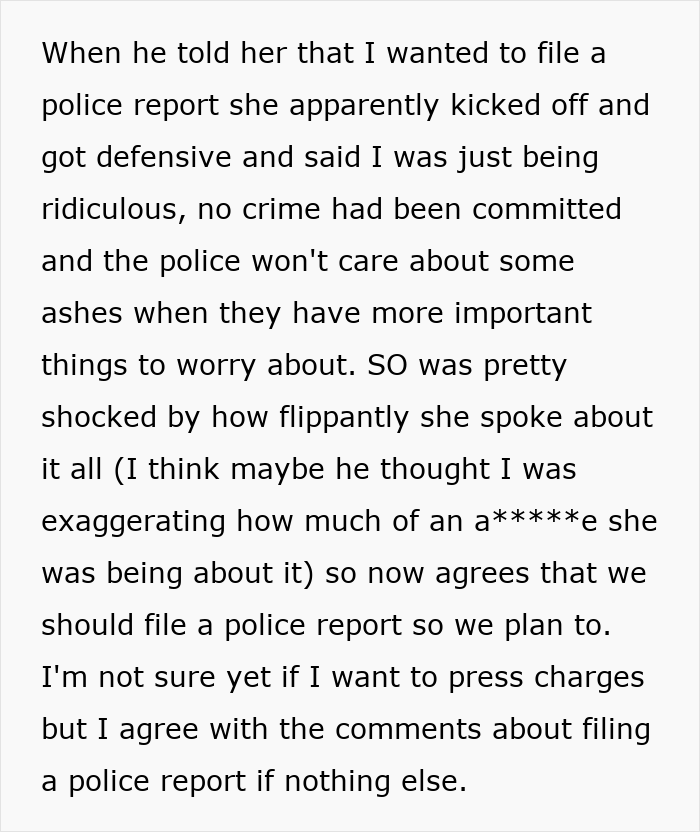 Text excerpt describing a family drama involving an entitled grandma stealing grandson&rsquo;s ashes and the consideration of filing a police report.