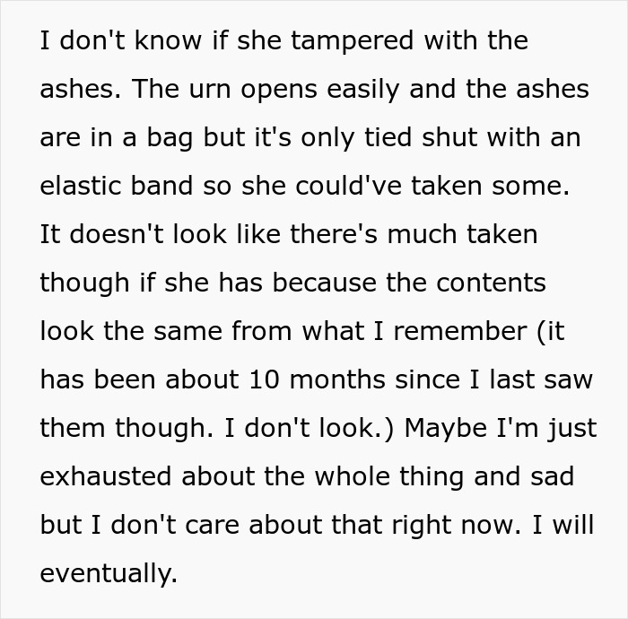 Text excerpt discussing suspicion about ashes being tampered with amid entitled grandma family drama.