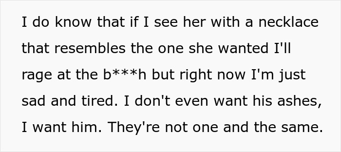 Text showing emotional reaction to grandmother stealing grandson&rsquo;s ashes, highlighting family drama and conflict over ashes.