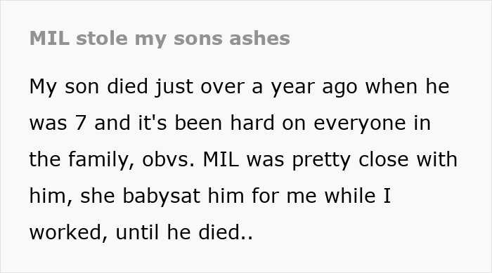 Text excerpt about a family conflict involving grandma stealing grandson&rsquo;s ashes, sparking drama over the ashes.