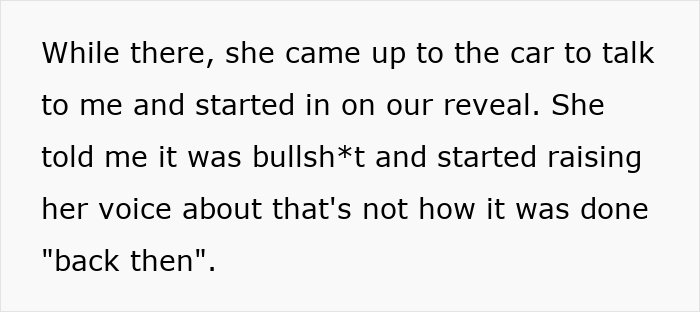 Text about MIL screaming at gender reveal and making it about her while raising her voice and criticizing the reveal method.