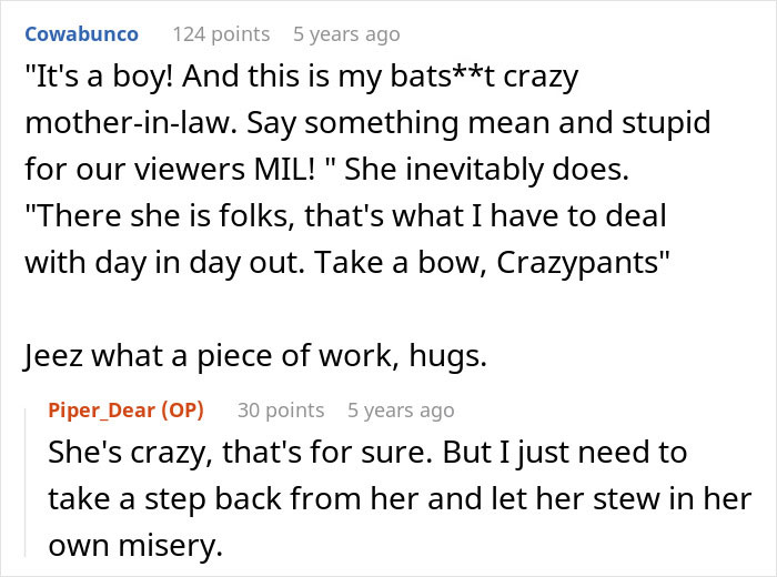 Text conversation about a chaotic mother-in-law screaming at a gender reveal and causing family drama.