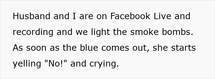 Text excerpt describing a MIL screaming and crying during a gender reveal after blue smoke bombs are lit.