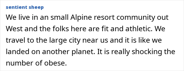 Comment text describing a small Alpine resort community with fit people shocked by the number of obese Americans. - 15