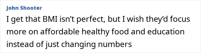 Commenter John Shooter expressing concerns about BMI accuracy and emphasizing affordable healthy food and education for obesity. - 21