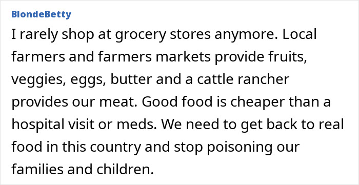 Comment from BlondeBetty discussing shopping habits, local food sources, and concerns about health and obesity in America. - 22