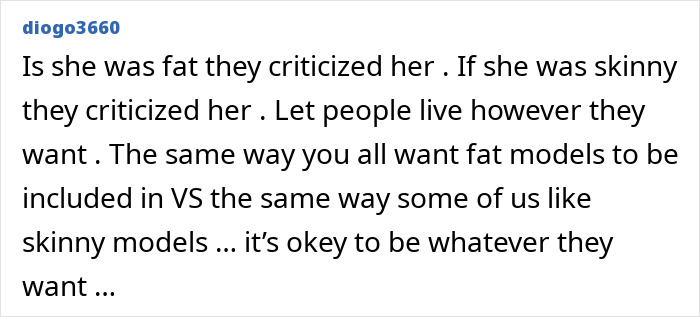 Comment about criticism of a top model Kelly Gale&rsquo;s appearance and debate on model body types in VS context.