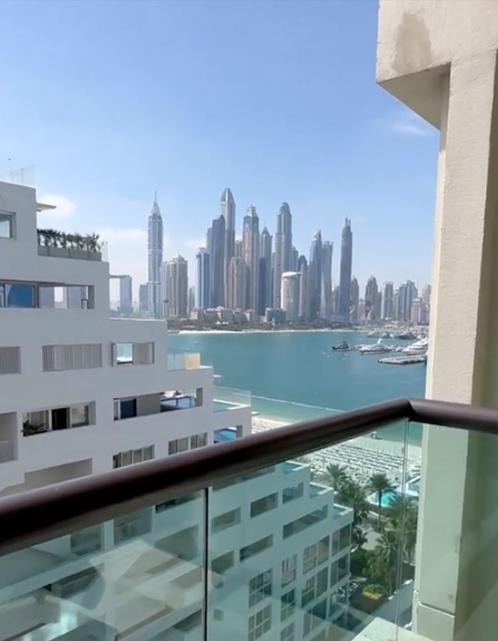 View of Dubai skyline and waterfront from a balcony, relating to model's mom revealing she was scalped before roadside incident - 11