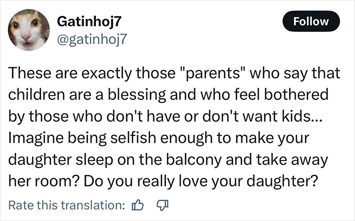 Alt text: Social media post criticizing momfluencer for making 9-year-old autistic daughter sleep on balcony to use room as office