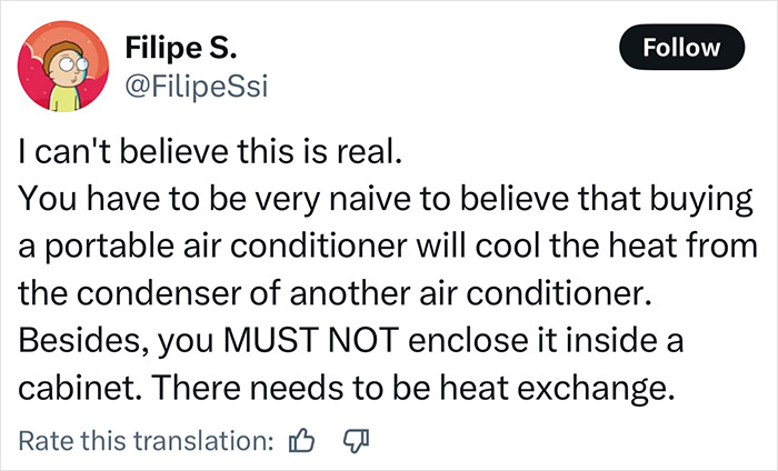 Tweet from Filipe S. expressing disbelief about the use and enclosure of portable air conditioners and heat exchange issues.