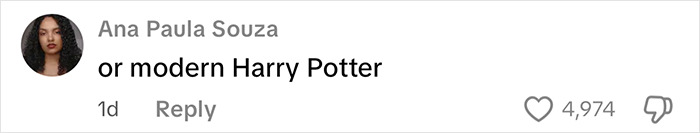 Comment by Ana Paula Souza saying or modern Harry Potter with 4,974 likes on a social media post about momfluencer and autistic daughter.