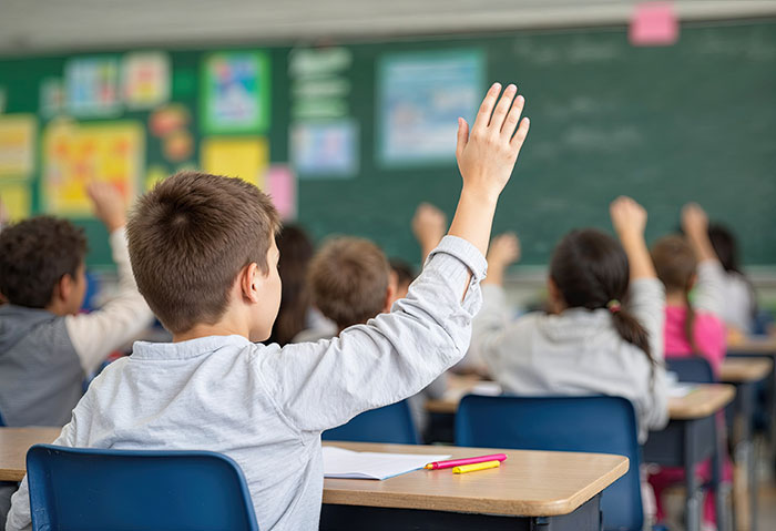 Students in a classroom raising hands, capturing classic school moments with children engaged and attentive during lesson.